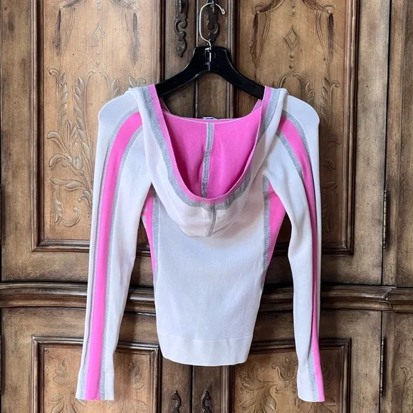 Bebe SPORT NWT White Pink Silver V-Neck Hoodie Long Sleeve Stretch Top Sz S - Picture 5 of 17